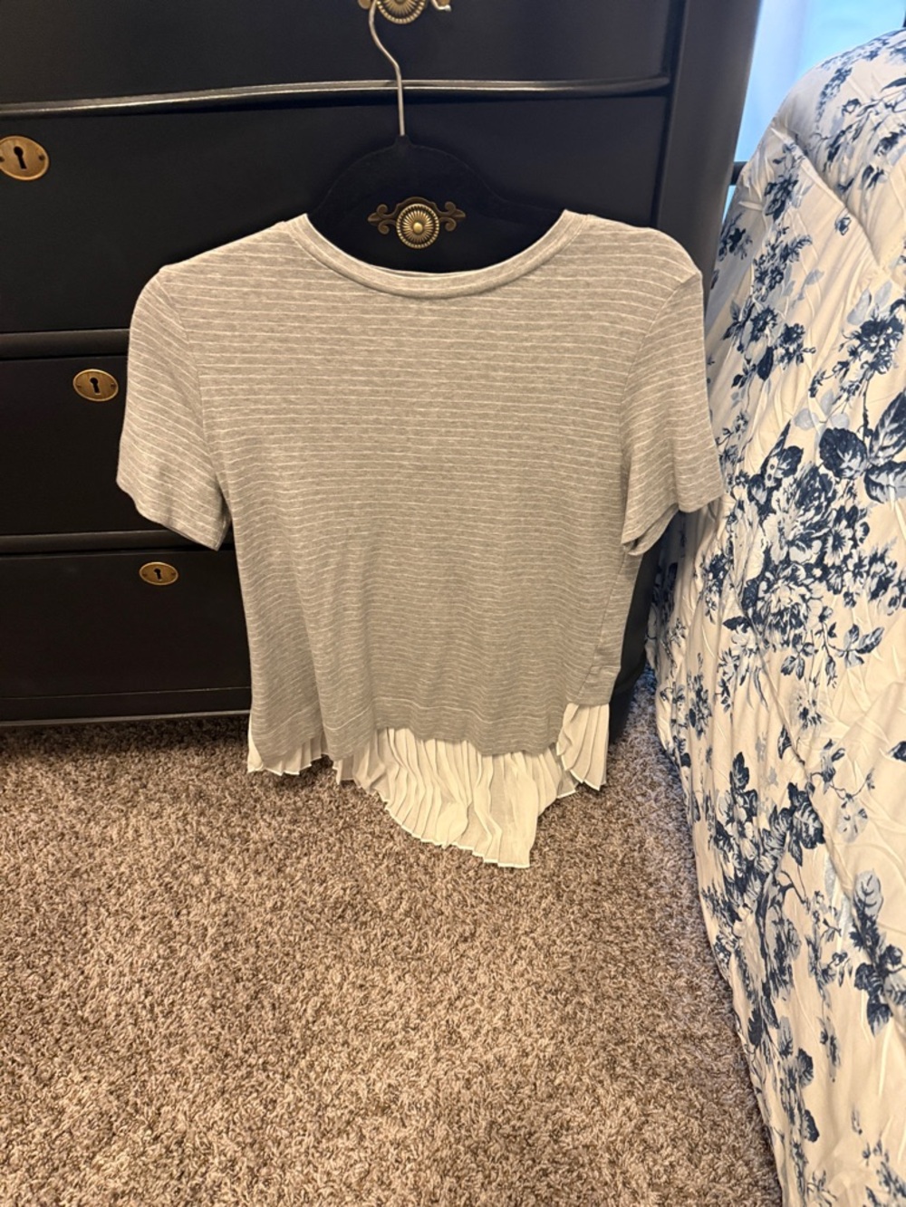 Banana Republic Gray Striped Short Sleeve Top with White Tiered Hem
